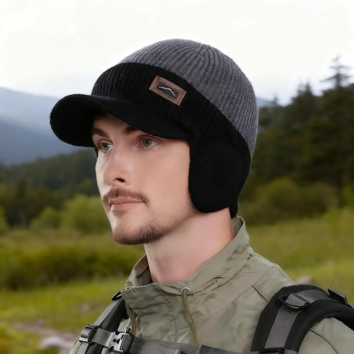 Men's Knit Visor Beanie Hat with Fold-Up Ear Flaps, Fleece-Lined Warm Winter Sports Hat for Outdoor Cycling, Ear Muffs, Biking, Cotton, Universal, Snug Stretch Knit, Adults, Fold-Up Flaps, Everyday Winter Activities