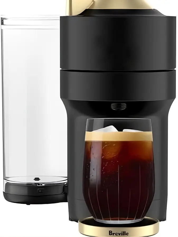 Limited Edition Vertuo POP+ Deluxe Coffee & Espresso Maker – Matte Black Gold, Fully Automatic, Hot & Iced Beverages Breville Iced Coffee Maker with Gold Accents and Clear Carafe for Perfect Cold Brews