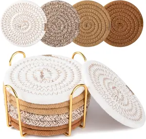 8 Pcs Coasters with Holder for Beer, Coffee, Woven Cotton Coaster Set for Table Decor for Kitchen, Bar, Dining Room, Living Room, Housewarming Gifts - Yellow