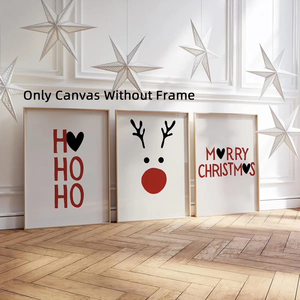 3Pcs/Set Optinal Frame Reindeer Merry Christmas HoHoHo Canvas Poster Unframed Art Print, Christmas Wall Art, Artwork Wall Painting For Gift, Wall Picture for Living Room, Bedroom, Dining Room, Dorm, Bathroom, Home and Office Wall Decor