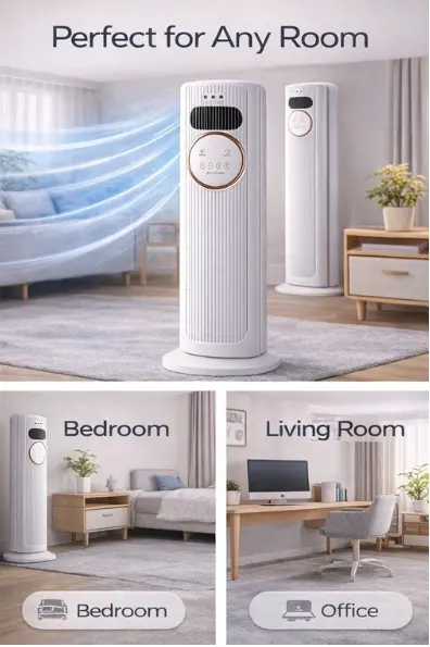 Bladeless Tower Fan - 4-in-1 Plug-Powered Plastic Brushless Home Appliance with Cool, Heat, Humidify, Air Circulation, Remote Control, Low Noise, Portability, All Seasons Indoor Use for Living Room, Study Desk, Home Cooling Solutions