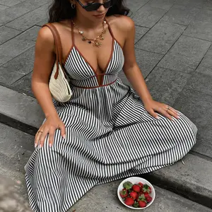 Women's Summer Sexy Halter Sleeveless Midi Dress with Striped Neck for Party Club Casual Outings Chic and Stylish Womenswear