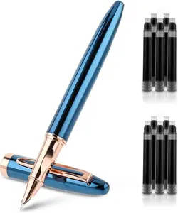 Metal Black Fountain Pen Set, 0.38Mm Fine Nib Fountain Pen with 10 3.4Mm Ink Cartridges and 1 Converter Smooth Writing Luxury Calligraphy Pen Office School Supplies Gift(Blue) Amaxiu