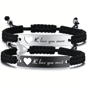 September S Romantic Couple Bracelet Set, Engraved Love You More Love You Most, Adjustable Braided Rope, Anniversary & Valentine’s Day Gift