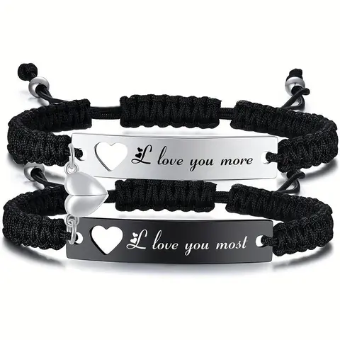 September S Romantic Couple Bracelet Set, Engraved Love You More Love You Most, Adjustable Braided Rope, Anniversary & Valentine’s Day Gift