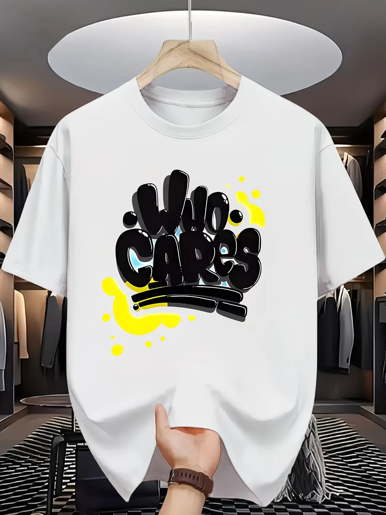 Neck Graphic T-Shirt, 3D Bubble Who Cares Graffiti Chest Tee, Street Splash Yellow Doodle Short Sleeve, Soft Cotton Loose Fit Top, Unisex Urban Hip Hop Casual Streetwear Outfit for Men
