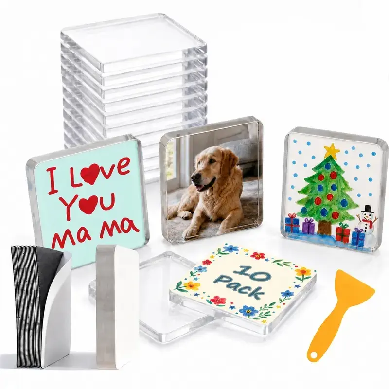DIY Acrylic Refrigerator Magnets Set, Square Magnetic Photo Frames with Peel & Stick Adhesive Backing, Creative Fridge Decor Magnets for Photos, Artwork, Kitchen Decoration, Birthday Gifts & Home DIY Crafts