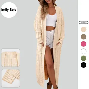 Imily Bela Womens Open Front Long Cardigan Oversized Long Sleeve Loose Cable Knit Chunky Fall Sweater Coat with Pockets