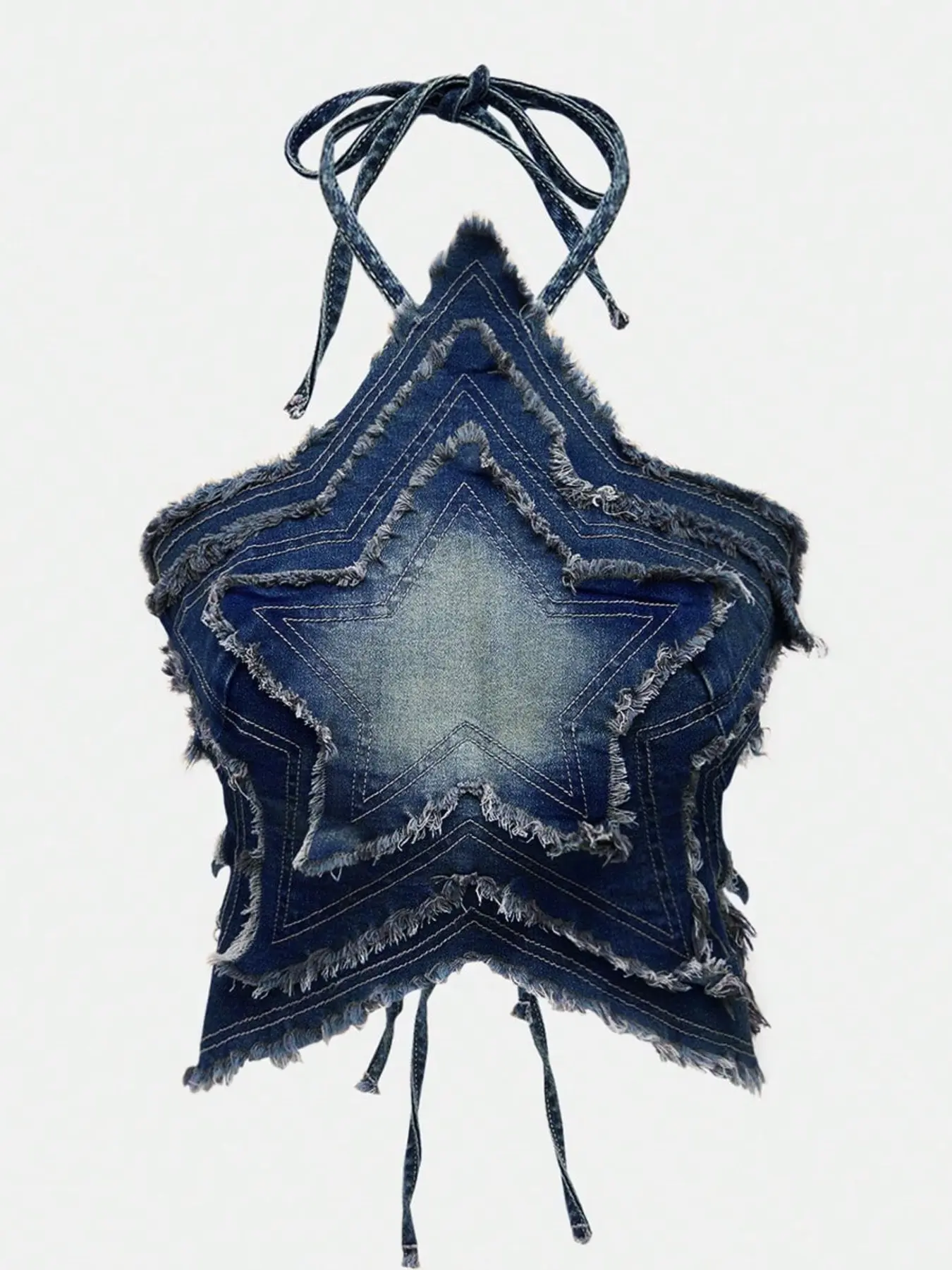 Y2K Boho Style Women Denim Camisole Top, Sky Blue Five-Point Star Design, Fitted Non-Full Placket, Without Collar & Zipper, Adjustable Halter Top, Summer, Boho Tie Shoulder