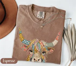 Comfort Colors PRINTED Highland Cow T-Shirts, Quilted Farm Animal Tee, Rustic Cottagecore Style, Boho Western Country Graphic, Unique Farmhouse Art