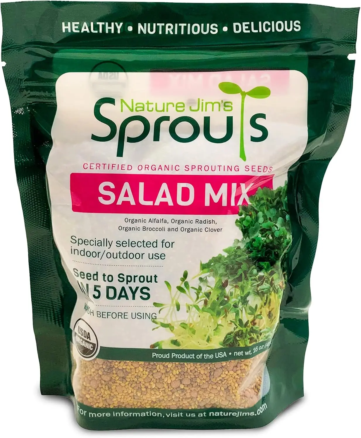 Nature Jims Sprouts Salad Sprout Mix - Organic Salad Mix for Growing,  Non-GMO Microgreen Seeds, Healthy Broccoli, Alfalfa, Radish, Clover Sprouting Seeds Variety Blend - Microgreens Growing
