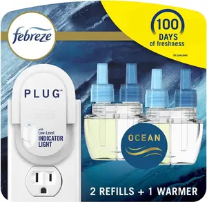 Febreze Odor-Fighting Scented Oil Starter Kit with Ocean Scent - 2 Refills & 1 Warmer for Home Bathroom Kitchen - Long Lasting Freshness - 100 Days of Freshness