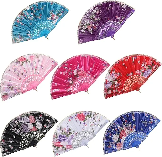 8pcs Folding Hand Fan Vintage Handheld Lace Folding Fan with Different Flower Patterns Fabric Folding Fan for Wedding Dancing Party, 9 in length, 16.5 in open width
