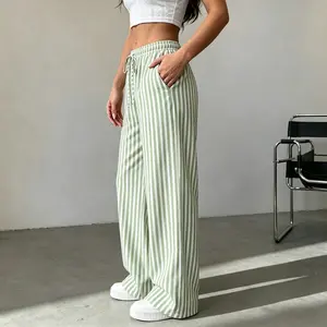 Women’s everyday casual striped pants featuring a drawstring waist and pockets—striped wide-leg trousers that are lightweight, comfortable, and stylish. A perfect choice for beach vacations and travel outings; an essential for summer.