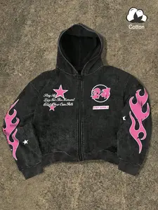 Men's zip-up hoodie, Fitted, long sleeves, urban style, turtleneck, Graphic star, slogan and Flame print, washed, fall style.