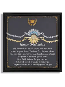 2 Piece Set Sun and Moon Design Bracelets Graduation Day Artistic Style for Graduates with Blessing Card and Box Jewelry Gifts