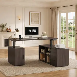 Sikaic L Shaped Electric Standing Desk with 3 Drawers & Power Outlet Dark, Height Adjustable Home Office Executive Desk with File Cabinet and Storage Shelves, Walnut