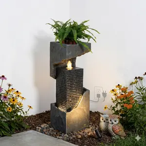 35” Outdoor Stone Water Fountain with LED Lights - Modern Garden Waterfall Decor for Patio, Backyard
