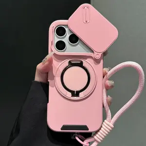 Rotatable Camera Cover Phone Case Shield Your Lens + Stand Magnetic Charging in One with Lanyard for iPhone 17 Pro Max 16 Plus 15 14 13 12, 360° Bracket Heavy Duty Armor Case