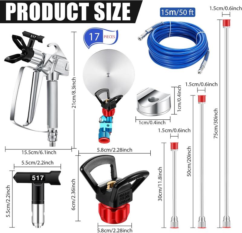 17 Pcs Airless Paint Sprayer Gun Set Including Spray Gun Hose 5 Types Nozzles 3 Sizes Extension Pole 5 Airless Spray Gun Mesh Filters Baffle Nozzle Holder (Multi Color,211, 313, 415, 517, 623)