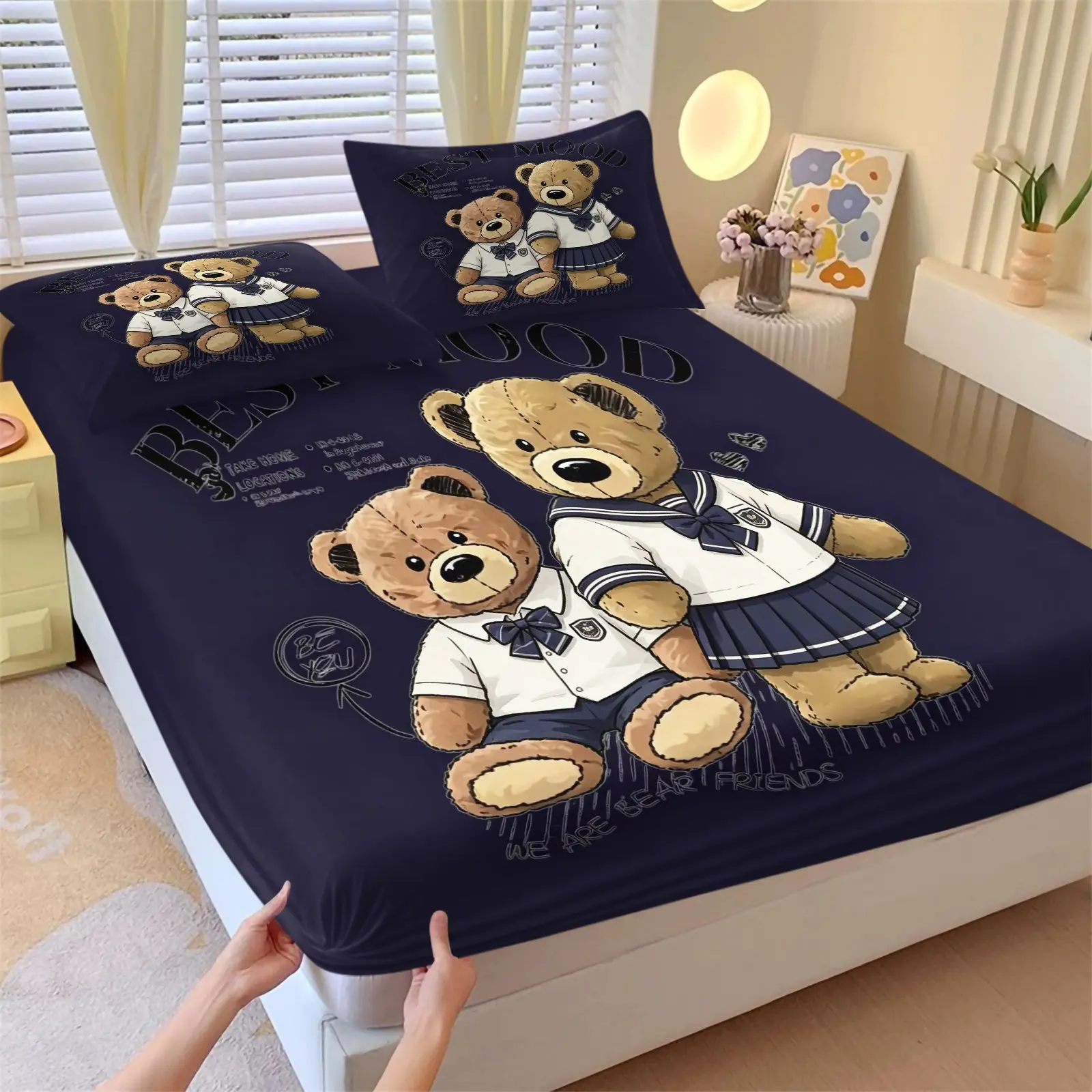 Cute teddy bear pattern printed bed sheet, Decorative Bedsheet Sets, Bed Linens, Print Bedding, Cute bed sheets, including 1 bed sheet and 2 pillowcases, anti slip dust cover suitable for bedrooms and guest rooms, suitable for personal use or gift giving