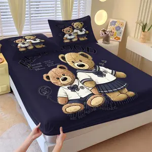 Cute teddy bear pattern printed bed sheet, Decorative Bedsheet Sets, including 1 bed sheet and 2 pillowcases, anti slip dust cover suitable for bedrooms and guest rooms, suitable for personal use or gift giving