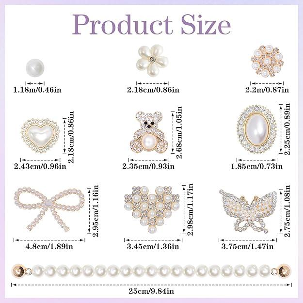 24 Pcs Shoe Charms Chain Accessories for Women Pearl Flower Clog Shoe Decoration Charms Rhinestone Shoes Charms Bling Cute Decor for Party Birthday