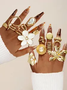 Women's Bold Floral & Geometric Design Bracelet Ring Set, Bohemian Style, Elegant Layered Jewelry, Party & Daily Wear, Trendy Gift