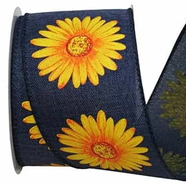 Gerbera Daisy Linen Ribbon --- 2.5" x 10 yards --- Denim / Yellow