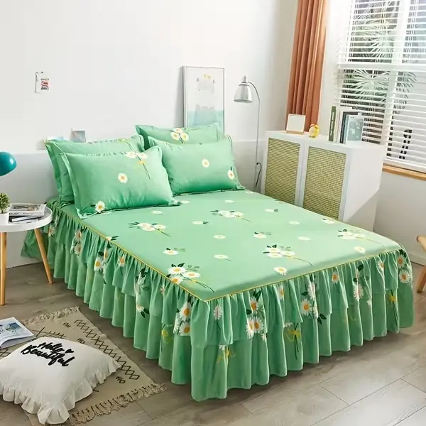 3PCS Bed Skirt Set - Floral Lace Trim Bed Skirt with 2 Pillowcases, Soft Breathable Fabric, 360 Wrap Anti-Slip Mattress Cover, Machine Washable