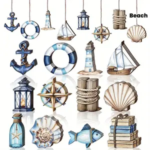 12 Piece Coastal Wooden Decor Set, Nautical Style Beach Hanging Ornaments, Mediterranean Summer Holiday Decoration, Indoor Outdoor Use