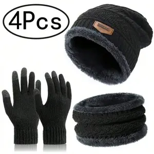 4Pcs Winter Accessory Set - Thermal Lined Beanie + Scarf + Touchscreen Gloves for Cold Weather Protection