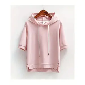 Light Blue Women's Casual Summer Hoodie - Chic Short Sleeve Pullover with High-Low Hem, Drawstring Hood, and Side Slit - Soft Polyester Blend, Machine Washable, A-Line Cut, Sweater Hoodie Womenswear Sweatshirts