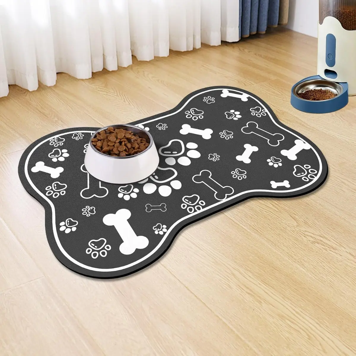 Non Slip Pet Food Mat Heavy Duty Durable Diner Placemat for Dogs Cats Rapid Absorbent Dribble Pad Drip Tray Easy Wipe Clean Rubber Back Bone Design