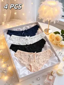 4-Pack Multicolor Women's Lace Sexy Fitted Triangle Panties, Comfortable & Stylish All Season Underwear Set, Perfect for Everyday Wear