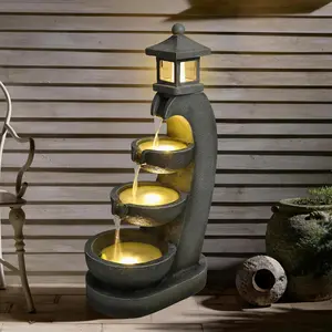 35.4" 4-Tier Pagoda Tower Outdoor Water Fountain, Resin Stone Cascading Fountain with LED Lights, Garden Water Feature for Patio, Yard & Indoor Decor
