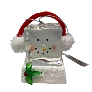 Lighted Snowman Cube with Earmuffs Ornament