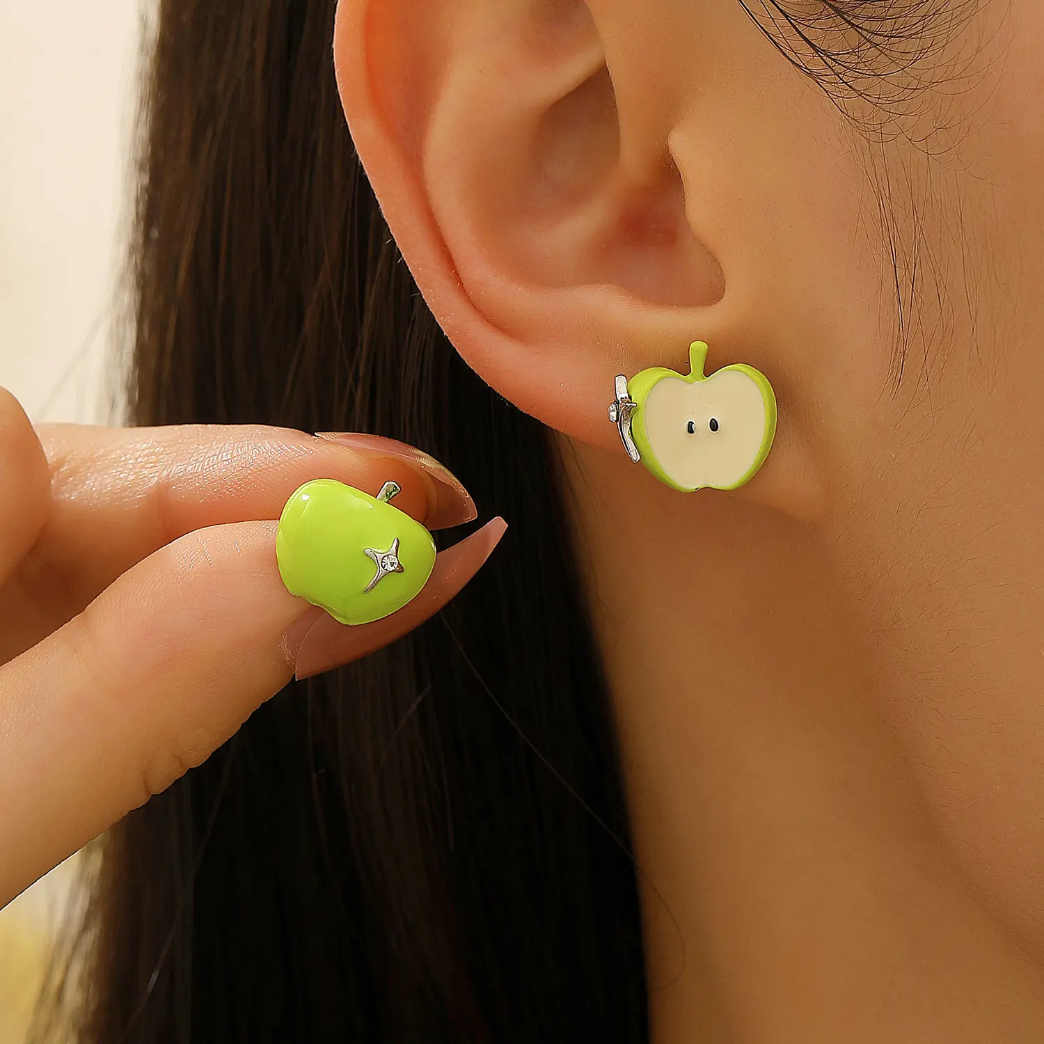 Green Apple Glazed Silver Needle Earrings For Women,Unique Design And Fashionable Earrings
