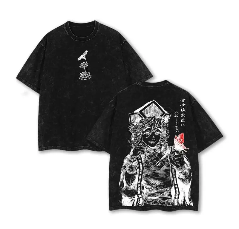 Men's Vintage Distressed Washed Cotton Crew Neck Short Sleeve T-shirt - Fitted Cut, Demon Slayer Doma Figure Print Casual Graphic Top