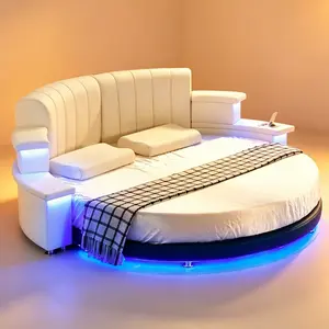Must-have Luxury Circle Bed! Multi-functional Round Leather Bed With LED Ambient Light, Side Table & Phone Charging Station For Couple Bedroom