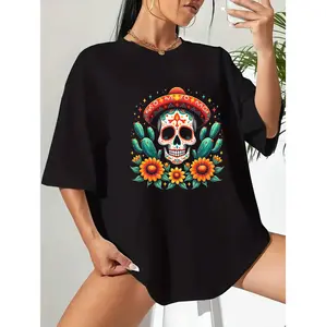 Relaxed cotton T-shirt with Mexican skull floral cactus print vibrant motif