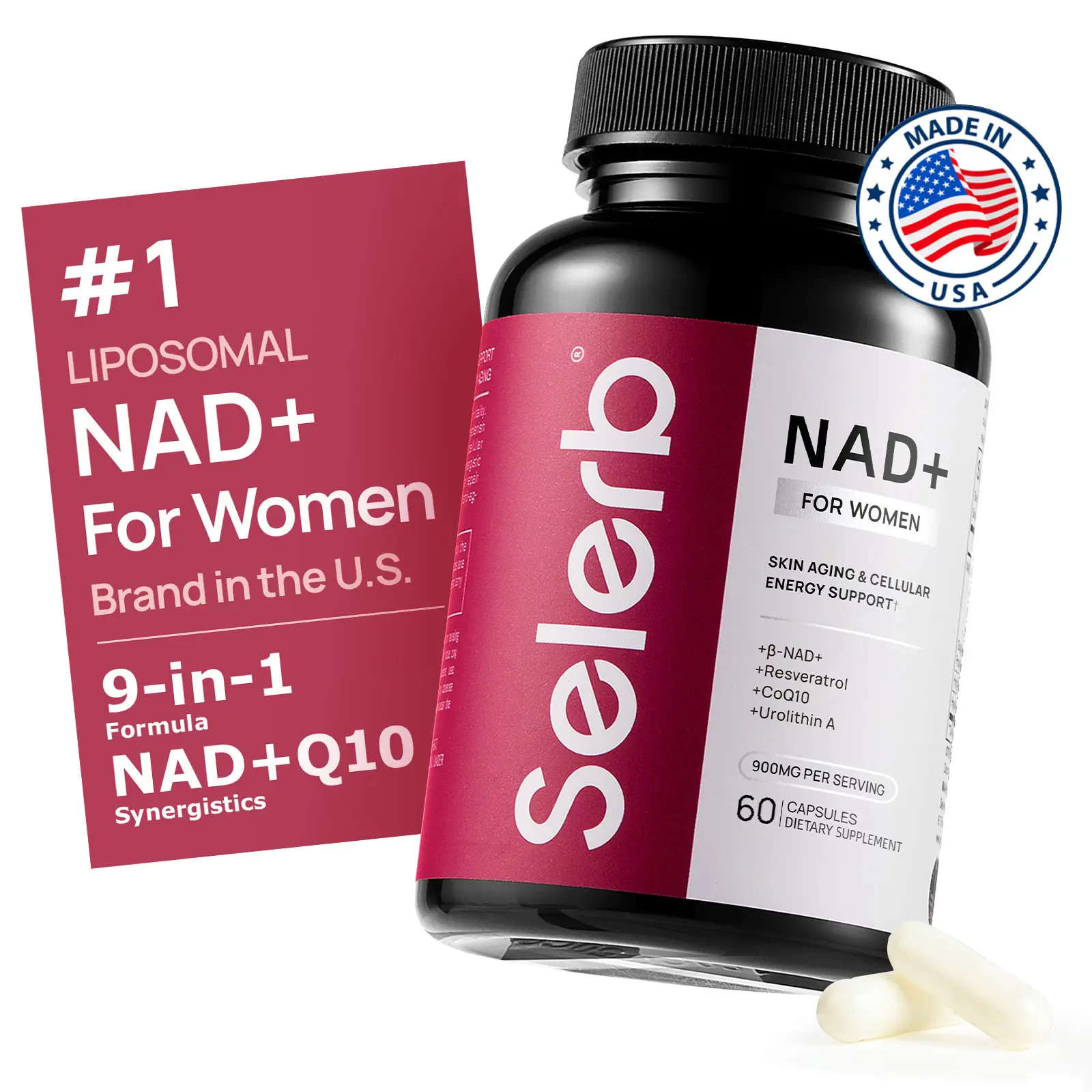 Selerb NAD+ Supplement for Women - NMN Alternative with β-NAD+, Trans-Resveratrol, CoQ10, D-Ribose - Promotes Cellular Renewal, Energy, and Radiant Skin Health - 60 Capsules