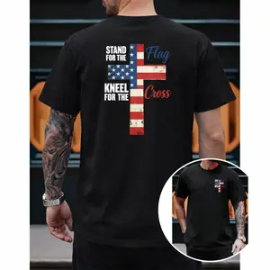 Patriotic Flag Cross Graphic Tee with Prints on Front and Back