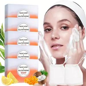 5pcs 100g kojic acid glutathione soaps, with 2 foaming nets, containing kojic acid and coconut oil, facial and body cleaning care soaps, deep cleaning and moisturizing, rich foam, fresh fragrance, suitable for deep cleaning of all skin types