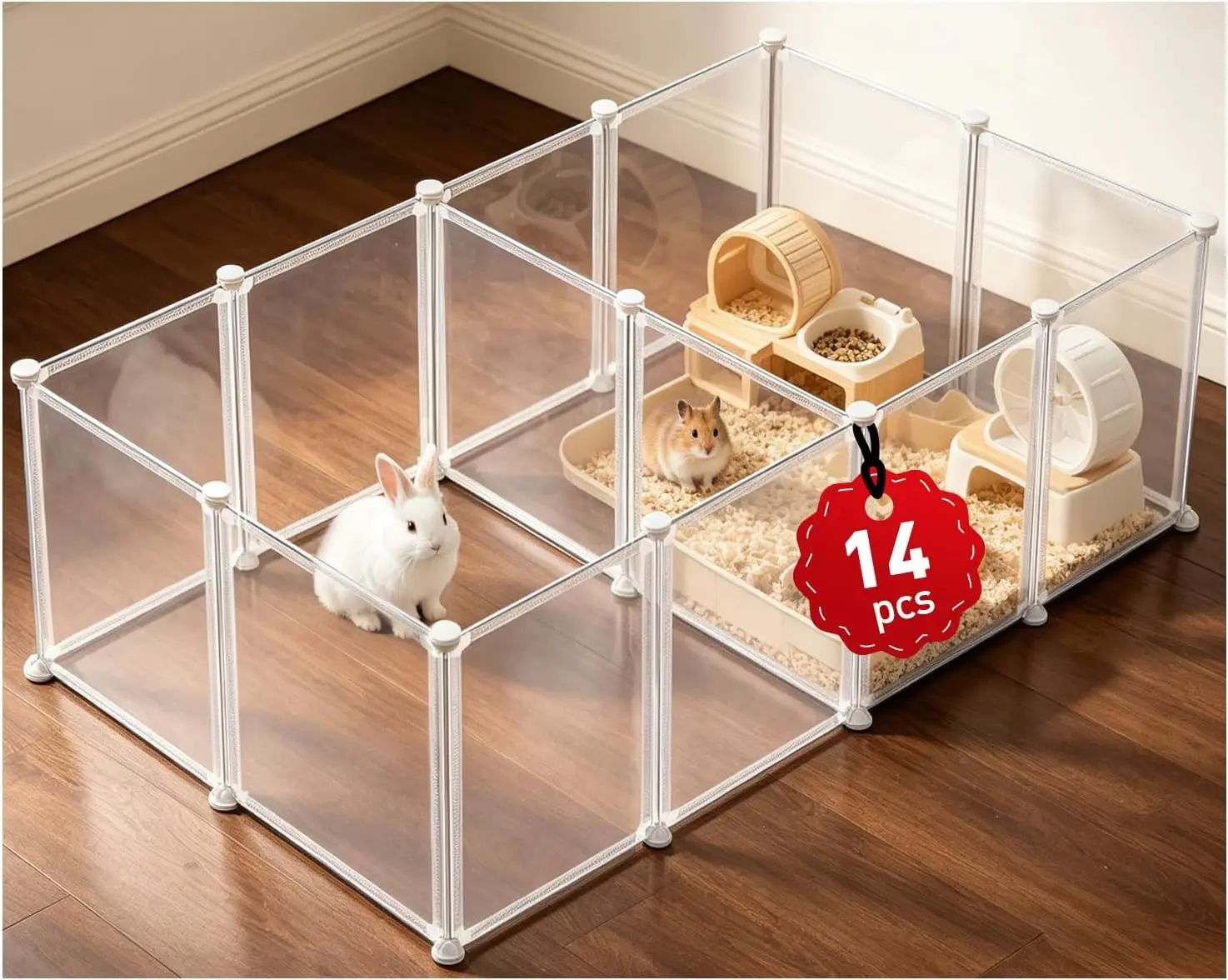 14 Pcs 16.5" H Small Animal Playpen, Indoor Puppy Playpen for Rabbits | Clear transparent DIY playpen panels, 16.5" tall anti-jump height to keep rabbits, kittens, chicks and hamsters inside