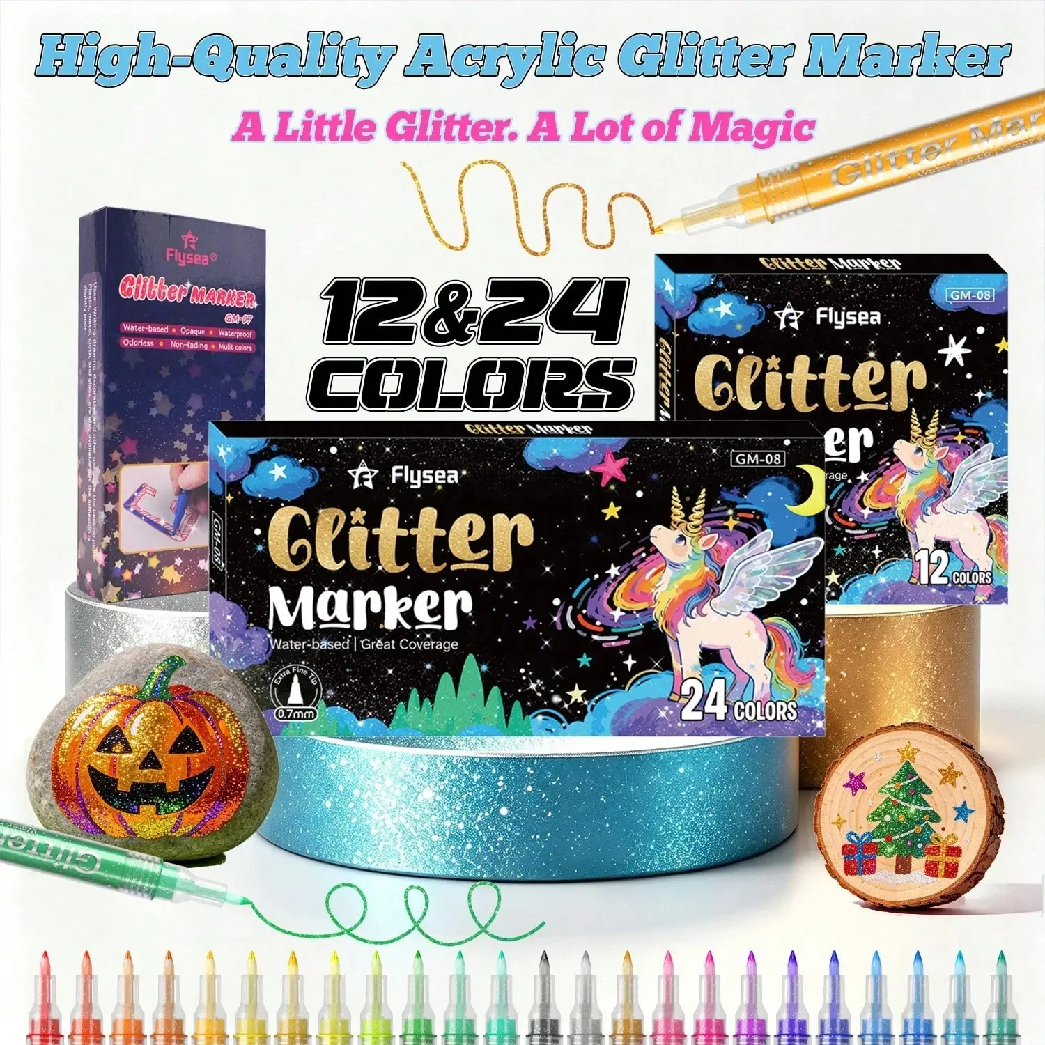 12/24 Color Acrylic Glitter Markers, Water-Based Sparkle Pens for DIY Art, Ideal for Journals, Cards, and Various Materials, Perfect for Students, Glitter Paint Pens, Art Drawing Supplies
