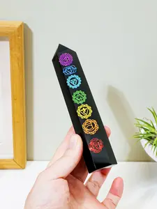Natural Crystal Obsidian Energy Tower, Carved with Energy Center Symbol, Pyramid Wand, Healing Stone, Spiritual Jewelry