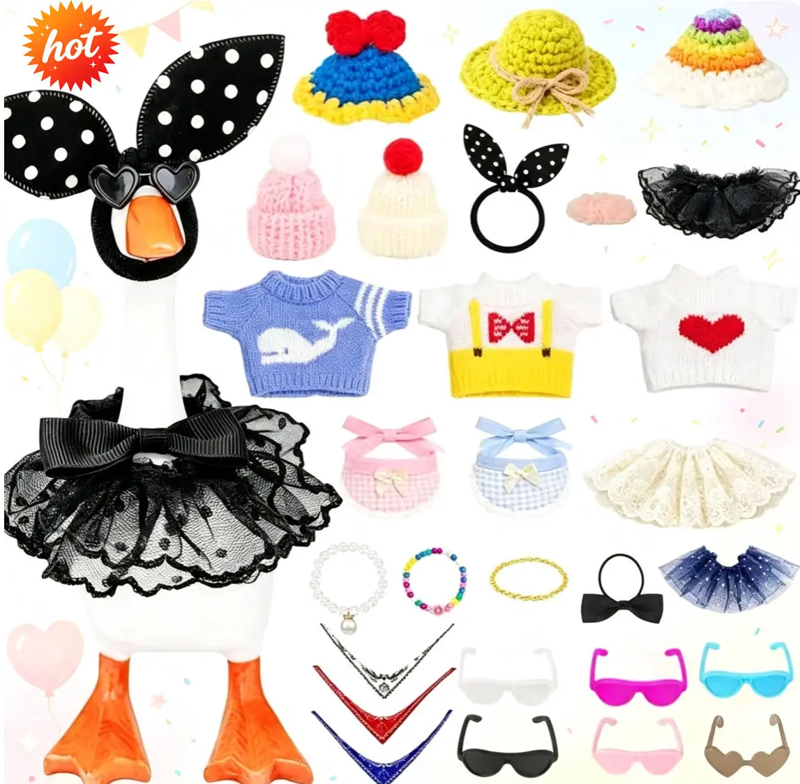 28 PCS Mini Desk Goose Accessories, Cute Outfit Set for 7 Inch Desk Goose, Includes Hats, Knit Sweaters, Lace Dresses, Sunglasses  Jewelry, Lovely Table Decor, Halloween Dress-up Gift for Home Office, Decoration, Retro