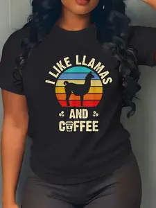 100% Cotton Unisex I like Llamas & Coffee Funny vintage llama theme lover T-Shirt Grahpic  Printed Casual T shirt