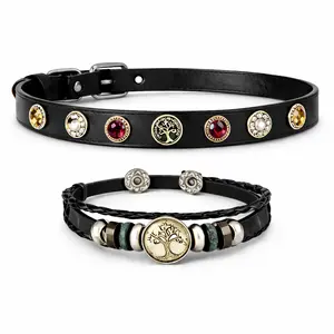 Warewoof House Matching Leather Dog Collar & Owner Cuff Bracelet Set with Interchangeable Snap Charms, Gift for Dog Moms & Pet Parents